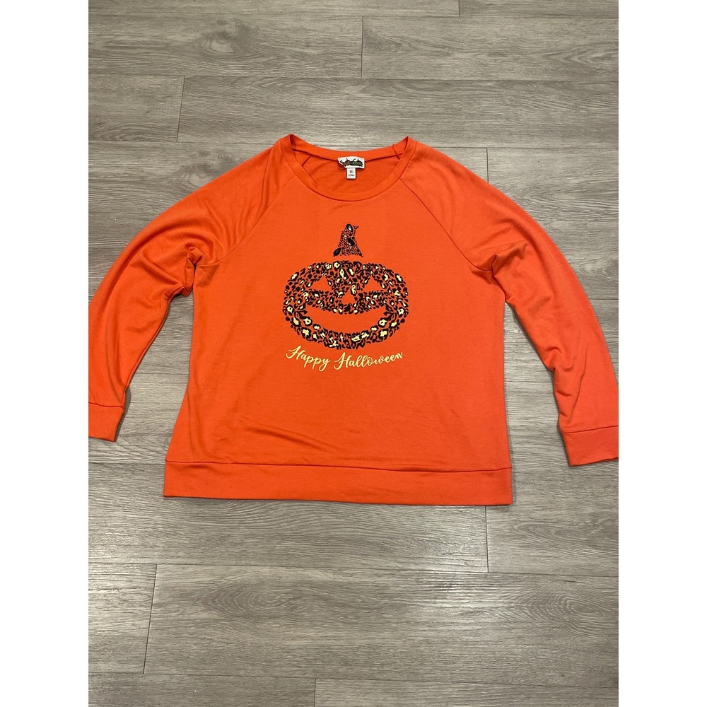 Womens Happy Halloween Top Pumpkin Print Spooky Orange XL Fall Festival